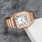 Square Rose Gold Luxury Watch – Blue Faceted Crown, Metal Bracelet