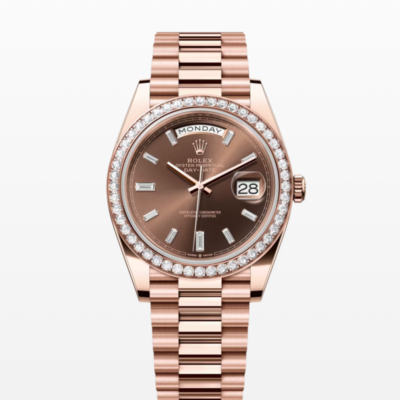 Day-Date 40mm Rose Gold Brown Baguette Dial Diamond Bezel Watch