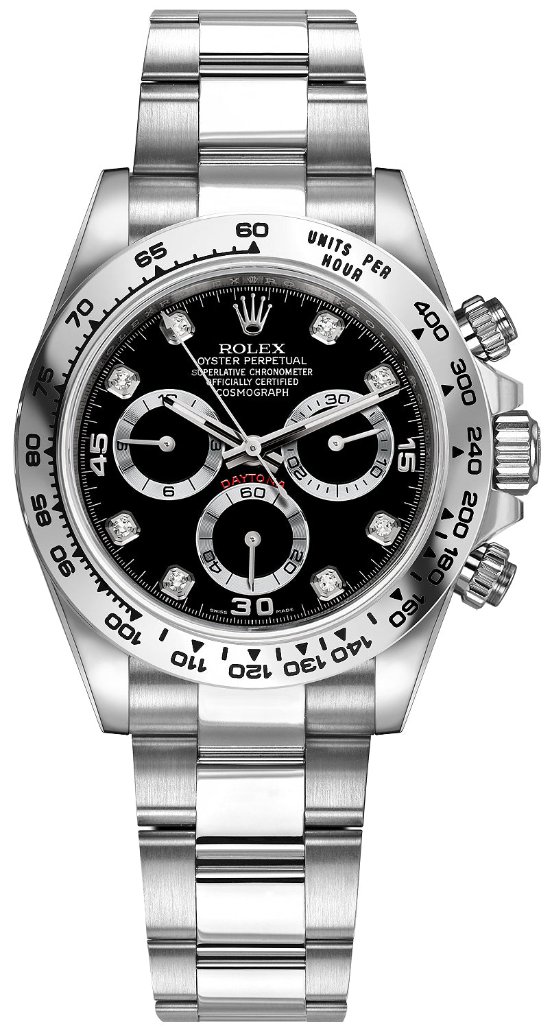 Cosmograph Daytona 40mm White Gold Case & Black Dial With Diamond Hour Markers Watch