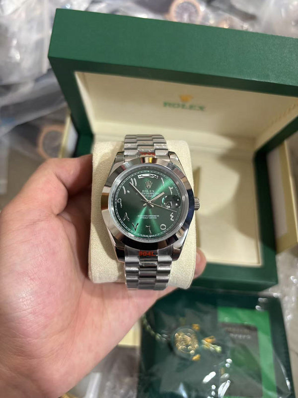 Day-Date Olive Green Arabic Dial Platinum Bracelet/Case/Smooth Bezel 40mm Watch