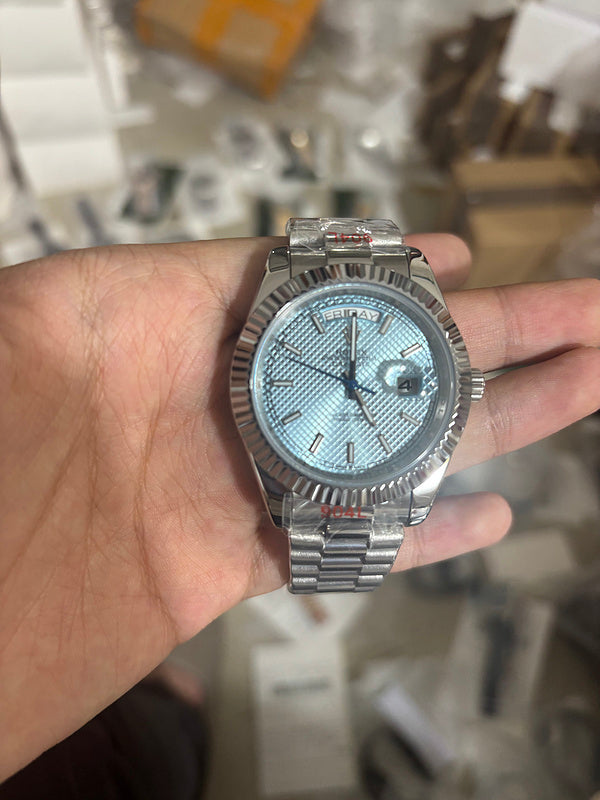 40 President Platinum Ice Blue Diagonal Watch