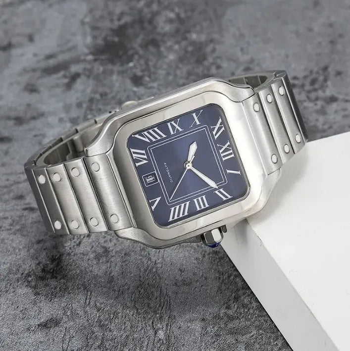 Square Luxury Stainless Steel Watch with Blue Dial