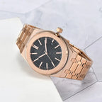 Rose Gold Stainless Steel wristwatch with Black Textured Dial