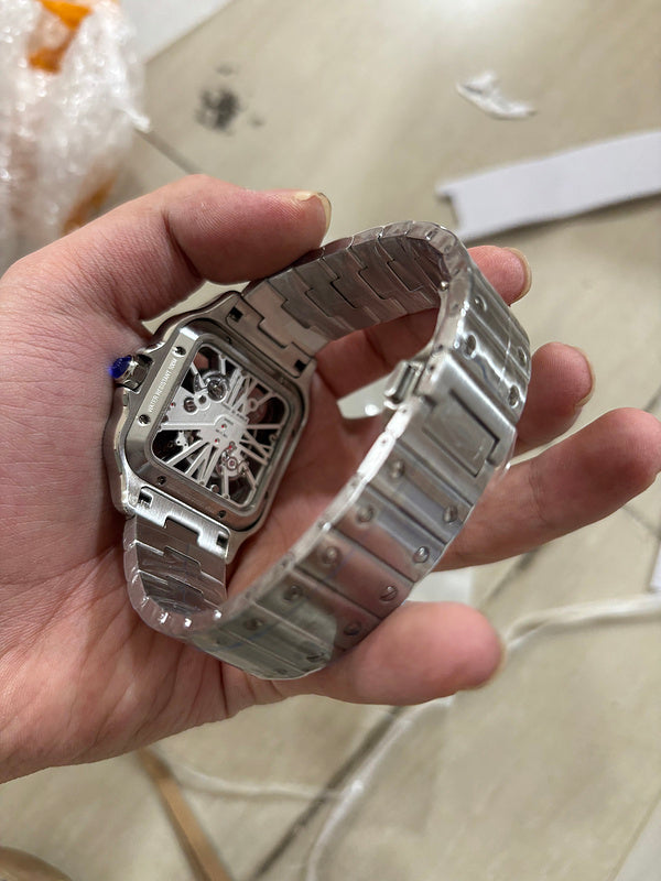 Skeleton Steel & Alligator Strap Watch