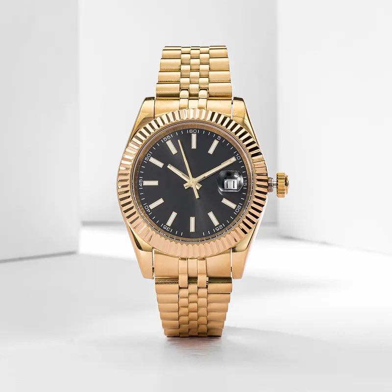 Golden Full Steel Band & Case Luxury-Style Fluted Bezel Wristwatch