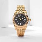 Golden Full Steel Band & Case Luxury-Style Fluted Bezel Wristwatch