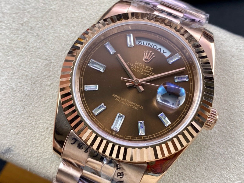 Day-Date 40mm Rose Gold Chocolate Baguette Dial Watch