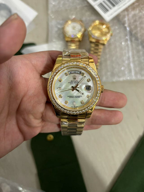 Yellow Gold Factory Diamond Bezel & Sapphire Pearl Diamond Dial Watch