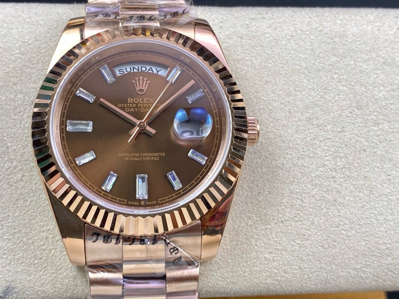 Day-Date 40mm Rose Gold Chocolate Baguette Dial Watch