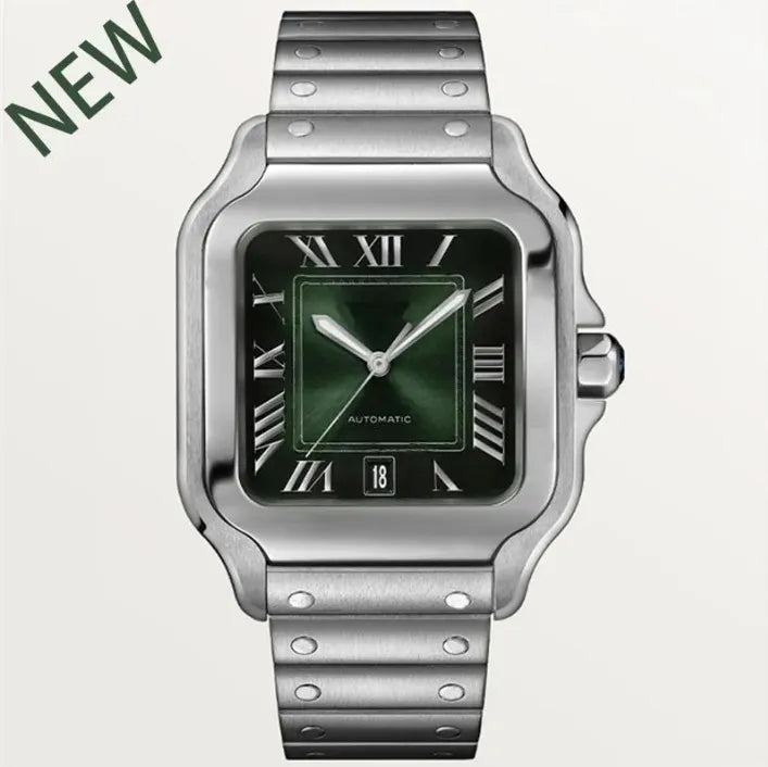 Square Luxury Stainless Steel Watch with Green Dial