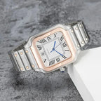 Square Luxury Two-Tone Stainless Steel & Rose Gold Watch – Exposed Screw Design, Roman Numerals