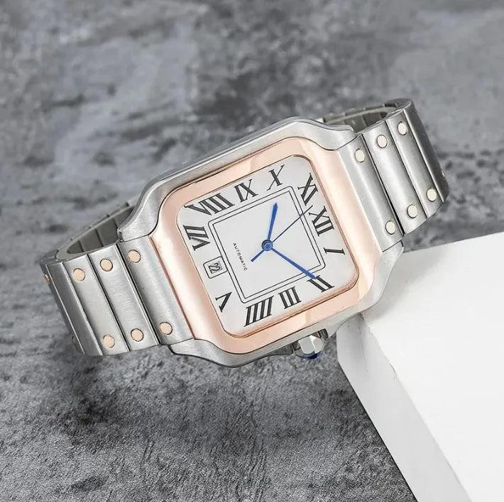 Square Luxury Two-Tone Stainless Steel & Rose Gold Watch – Exposed Screw Design, Roman Numerals