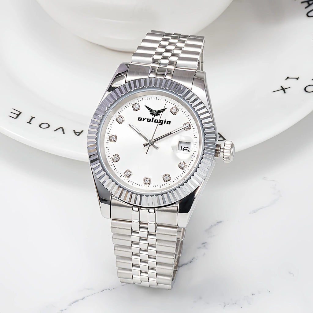 Silver Stainless Steel Strap, White Dial with Rhinestone Markers Watch