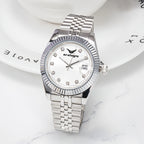 Silver Stainless Steel Strap, White Dial with Rhinestone Markers Watch