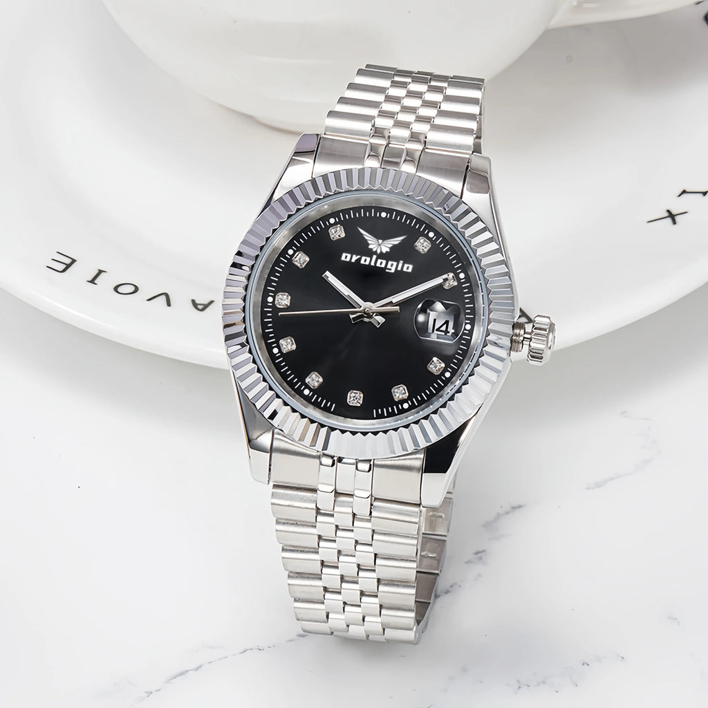Stainless Steel Bracelet, Black Dial with Crystal Markers Watch