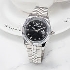 Stainless Steel Bracelet, Black Dial with Crystal Markers Watch