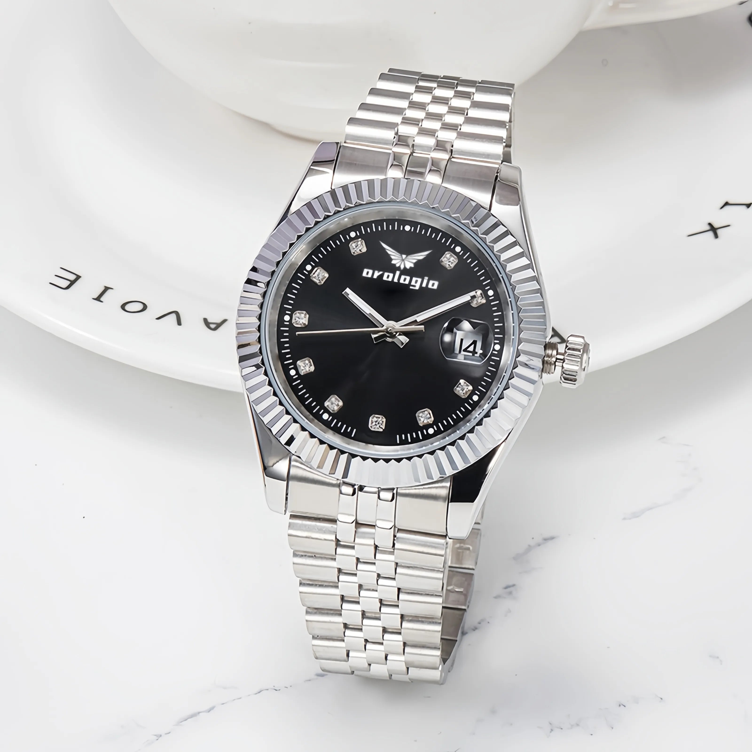 Stainless Steel Bracelet, Black Dial with Crystal Markers Watch