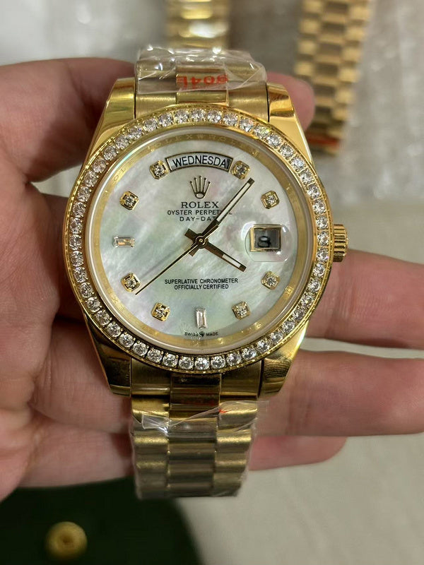 Yellow Gold Factory Diamond Bezel & Sapphire Pearl Diamond Dial Watch