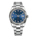 41mm Stainless Steel Luxury Date Watch with Blue Dial & Diamond Hour Markers