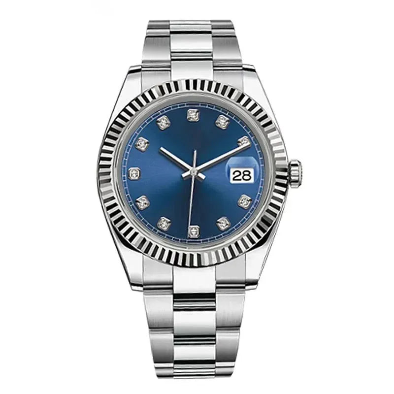 41mm Stainless Steel Luxury Date Watch with Blue Dial & Diamond Hour Markers