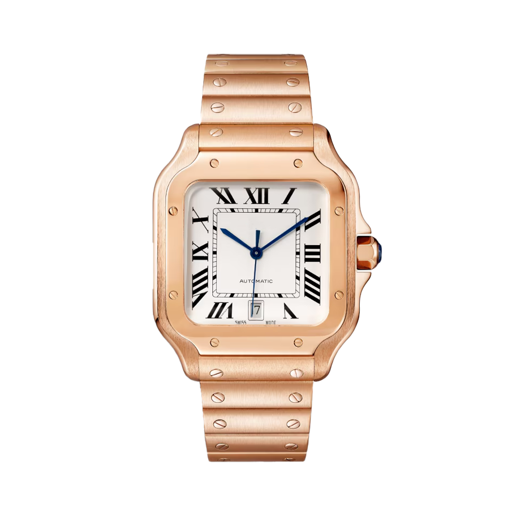 Square Rose Gold Luxury Watch – Blue Faceted Crown, Metal Bracelet