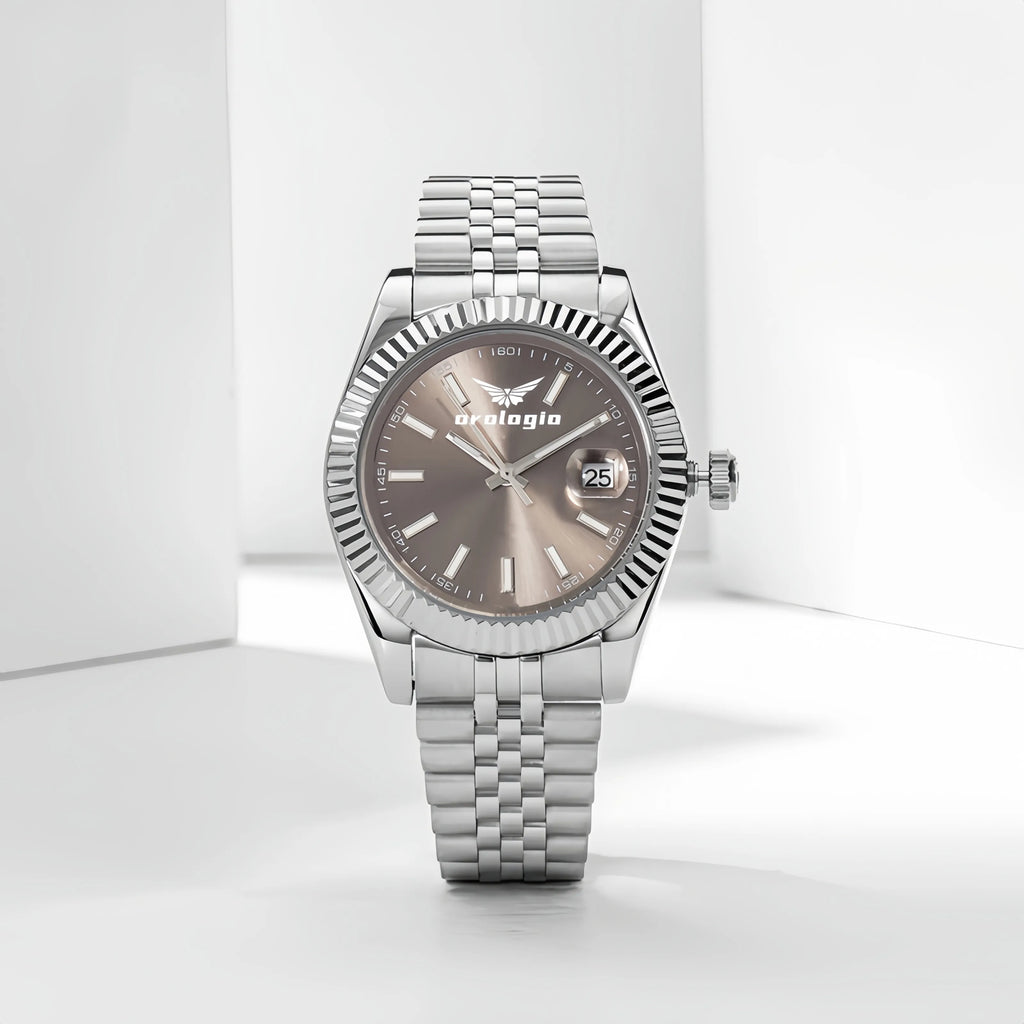 Silver-toned Metal Fluted Bezel & Brown Dial Orologio Watch