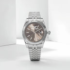 Silver-toned Metal Fluted Bezel & Brown Dial Orologio Watch