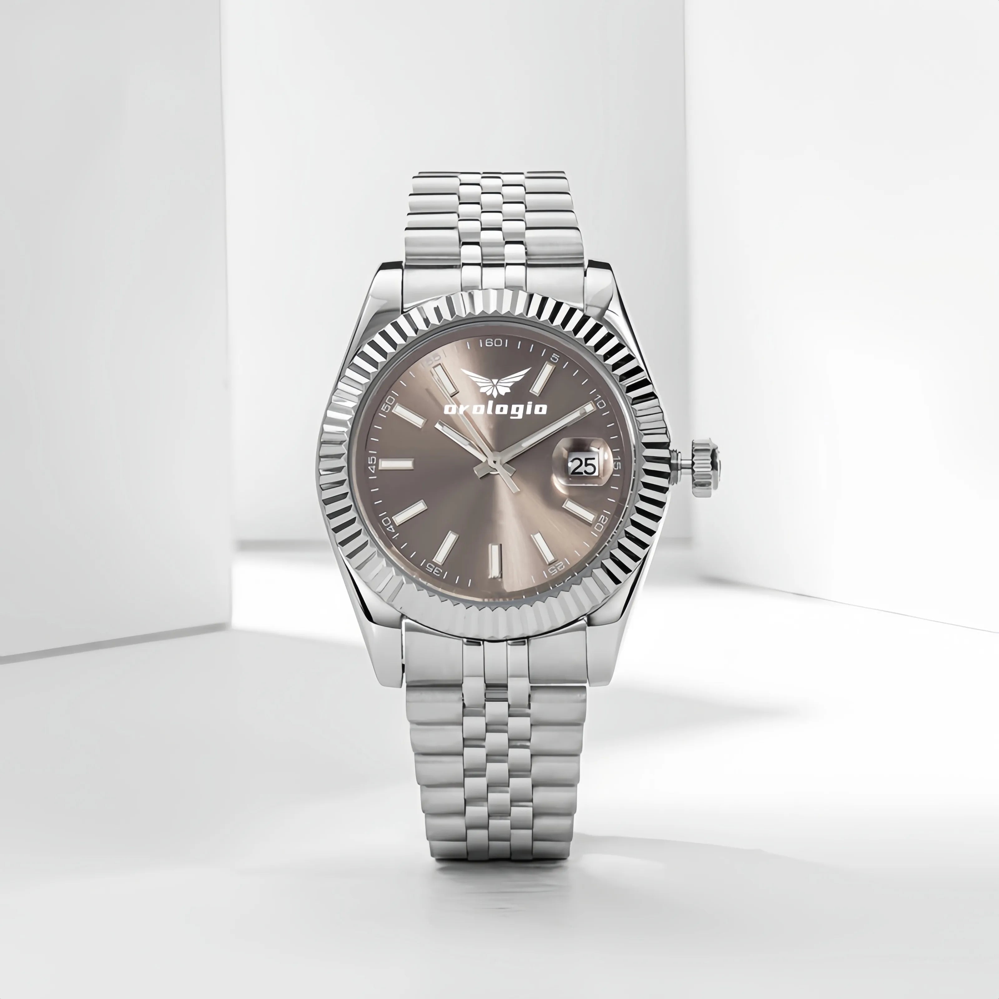 Silver-toned Metal Fluted Bezel & Brown Dial Orologio Watch