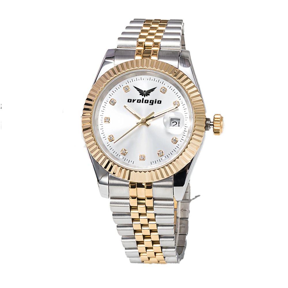 Silver & Gold-Tone Stainless Steel Bracelet Watch with White Dial & Stone Hour Markers