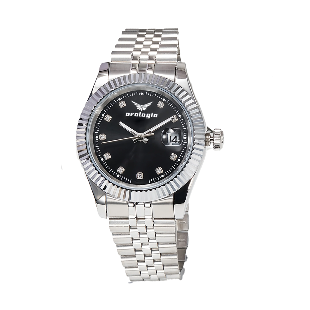 Stainless Steel Bracelet, Black Dial with Crystal Markers Watch