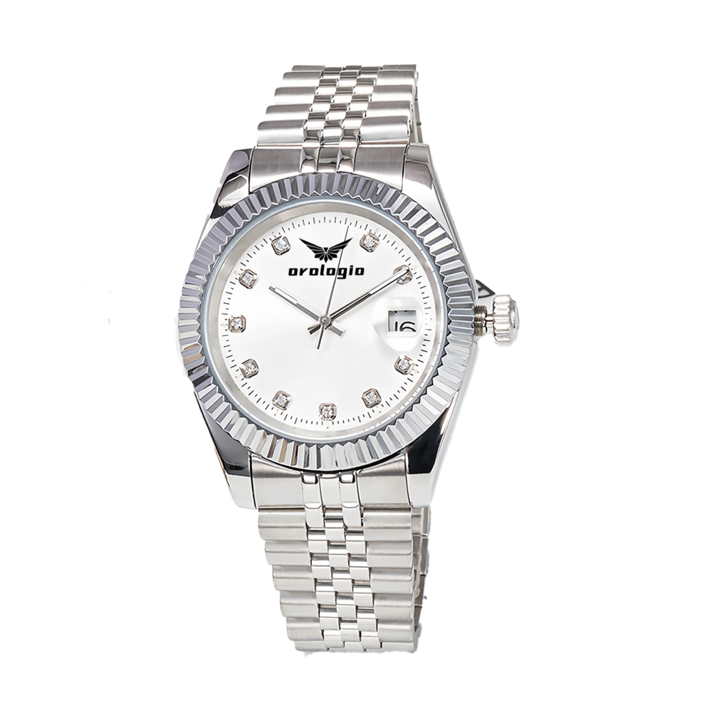 Silver Stainless Steel Strap, White Dial with Rhinestone Markers Watch