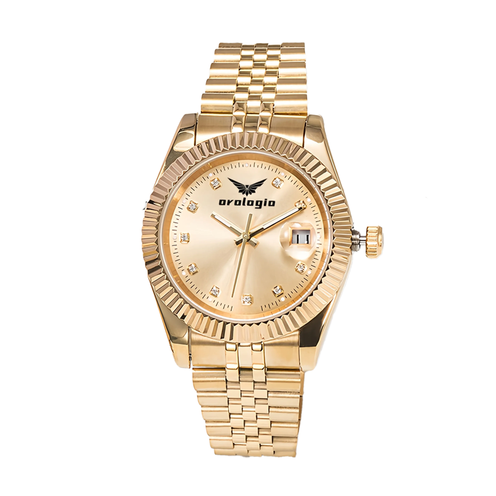 Gold-Tone Fluted Bezel Watch with Rhinestone Hour Markers