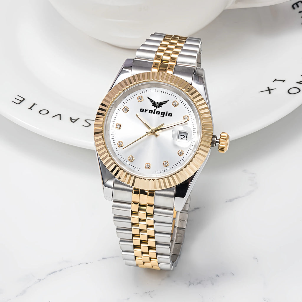 Silver & Gold-Tone Stainless Steel Bracelet Watch with White Dial & Stone Hour Markers