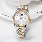 Silver & Gold-Tone Stainless Steel Bracelet Watch with White Dial & Stone Hour Markers