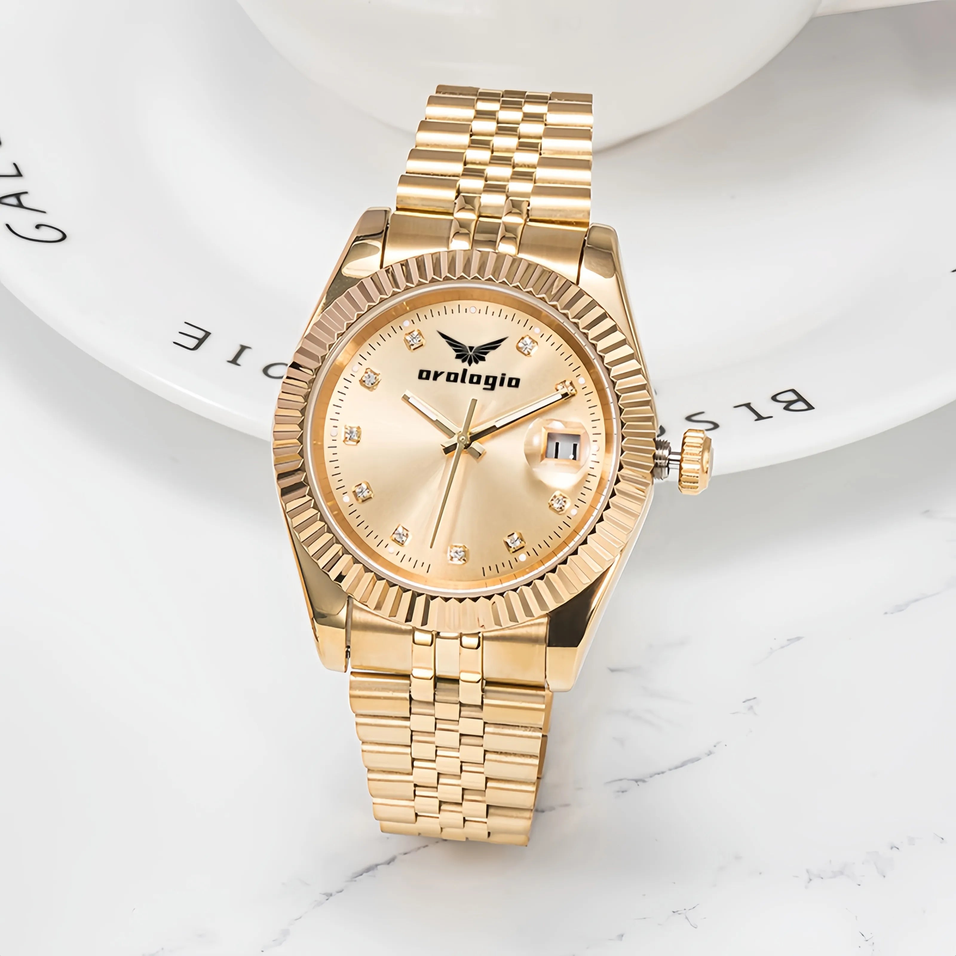 Gold-Tone Fluted Bezel Watch with Rhinestone Hour Markers