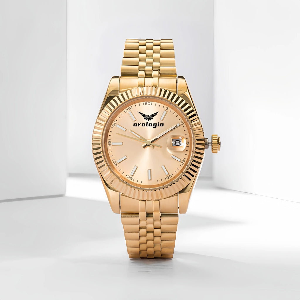 Gold-Tone Textured Bezel with Stainless Steel Link Bracelet Luxury Watch
