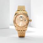 Gold-Tone Textured Bezel with Stainless Steel Link Bracelet Luxury Watch