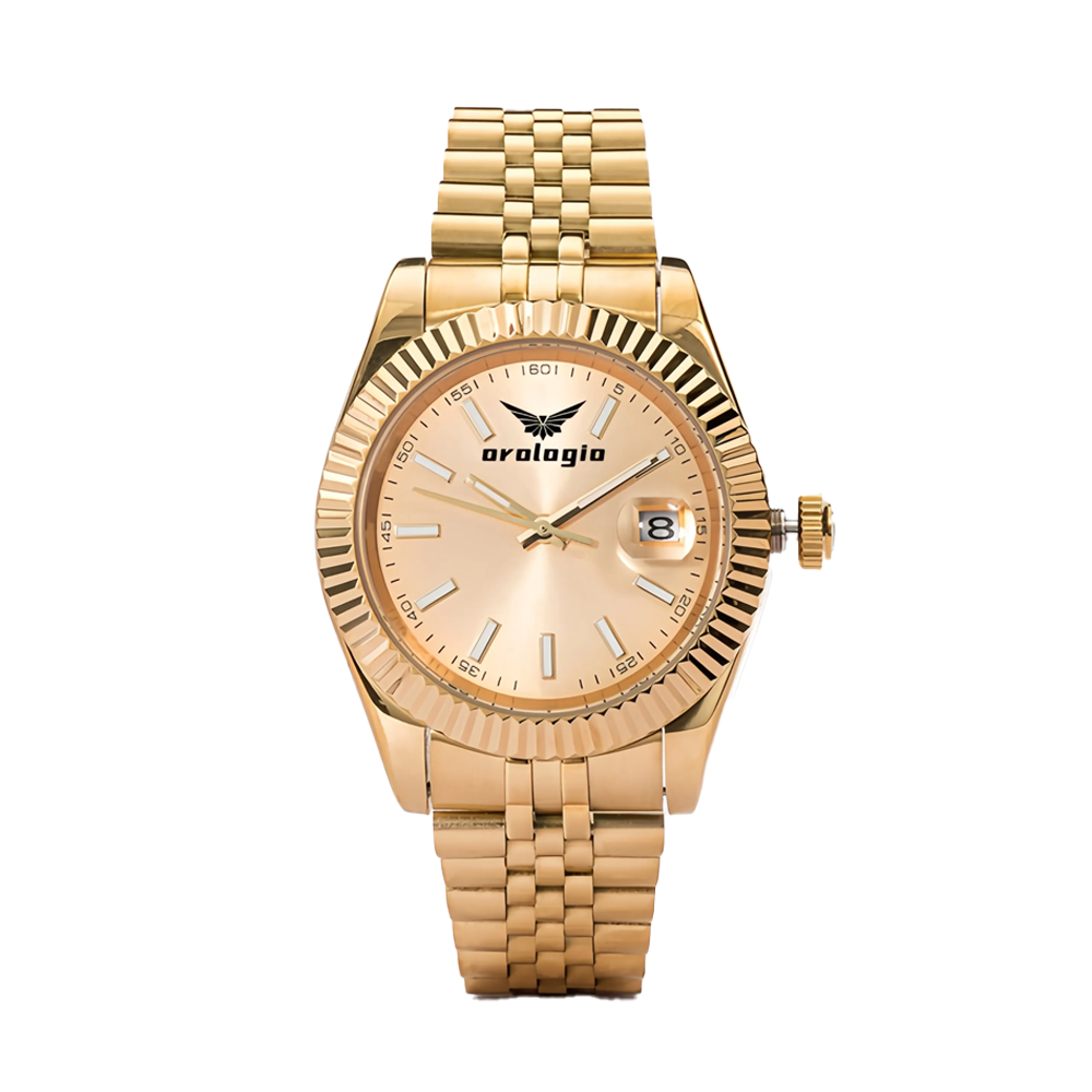 Gold-Tone Textured Bezel with Stainless Steel Link Bracelet Luxury Watch