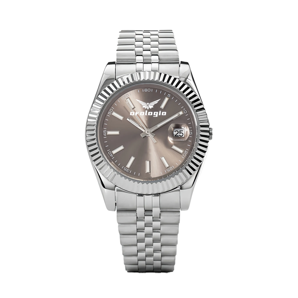 Silver-toned Metal Fluted Bezel & Brown Dial Orologio Watch