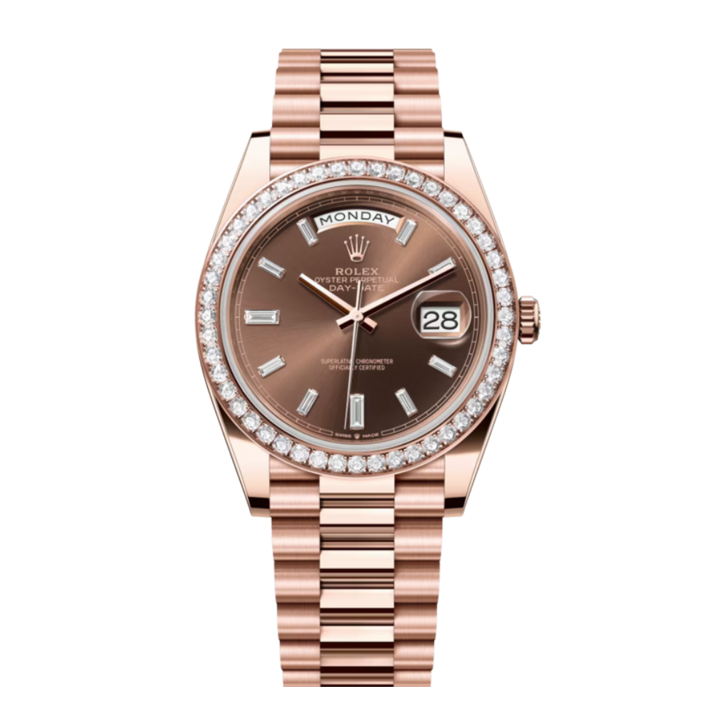 Day-Date 40mm Rose Gold Brown Baguette Dial Diamond Bezel Watch