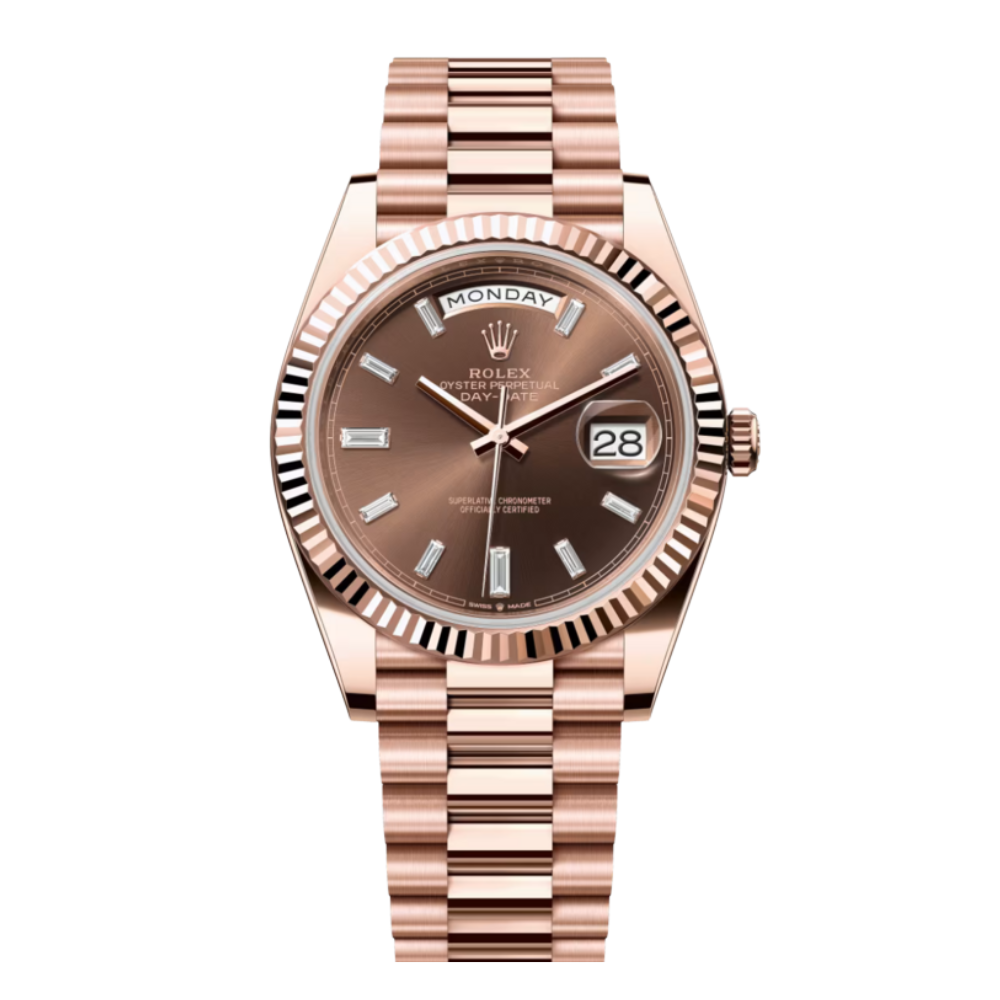 Day-Date 40mm Rose Gold Chocolate Baguette Dial Watch