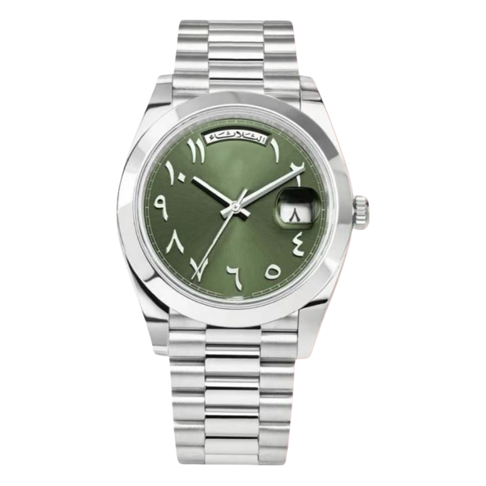 Day-Date Olive Green Arabic Dial Platinum Bracelet/Case/Smooth Bezel 40mm Watch