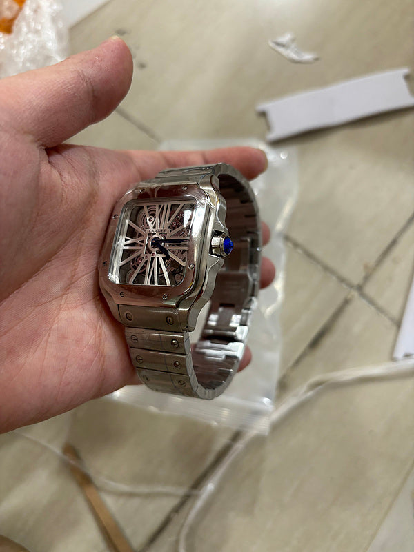 Skeleton Steel & Alligator Strap Watch