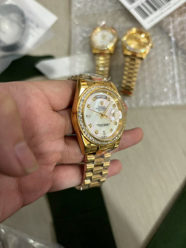 Yellow Gold Factory Diamond Bezel & Sapphire Pearl Diamond Dial Watch