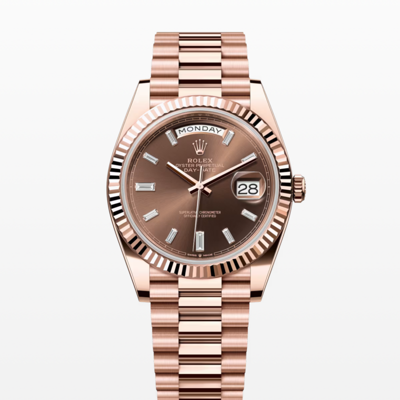 Day-Date 40mm Rose Gold Chocolate Baguette Dial Watch