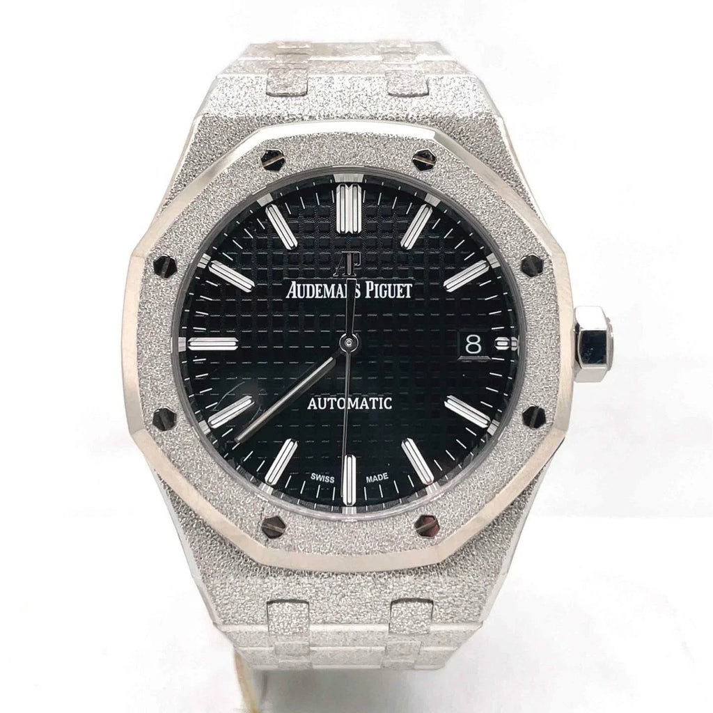 Royal Oak 37mm in White Gold Frosted on White Gold Frosted Bracelet with Black Grande Tapisserie Dial